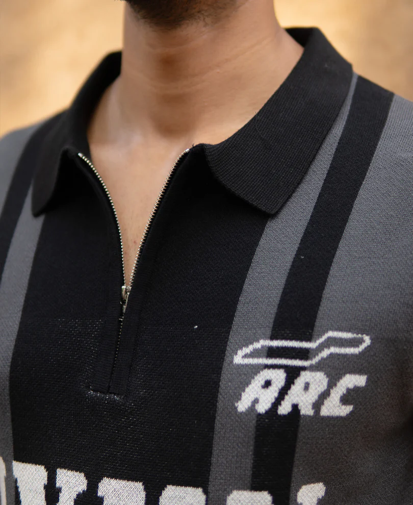 Grey Jacquard Half Sleeves Knit Polo T-Shirt 100% Cotton - Image 4