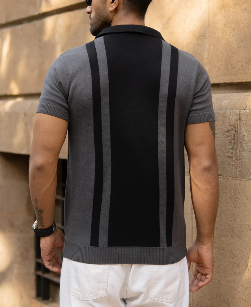 Grey Jacquard Half Sleeves Knit Polo T-Shirt 100% Cotton - Image 5