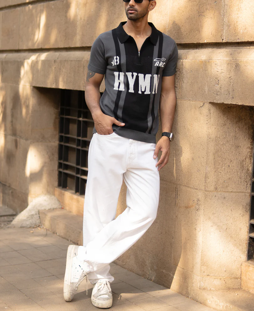 Grey Jacquard Half Sleeves Knit Polo T-Shirt 100% Cotton - Image 6
