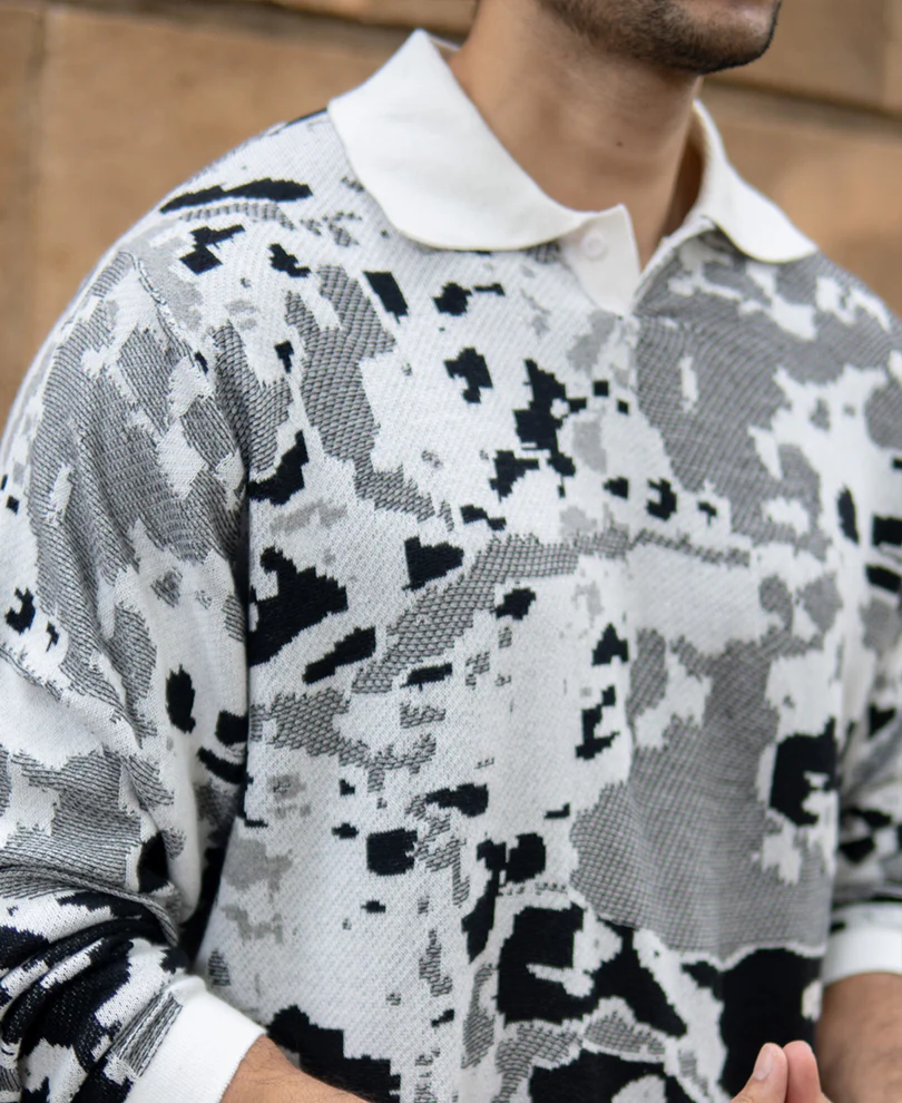 Grey Jacquard Knit T-Shirt 100% Cotton - Image 3