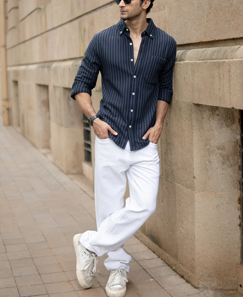 Grey Knit Structured Stripe Shirt - Image 6