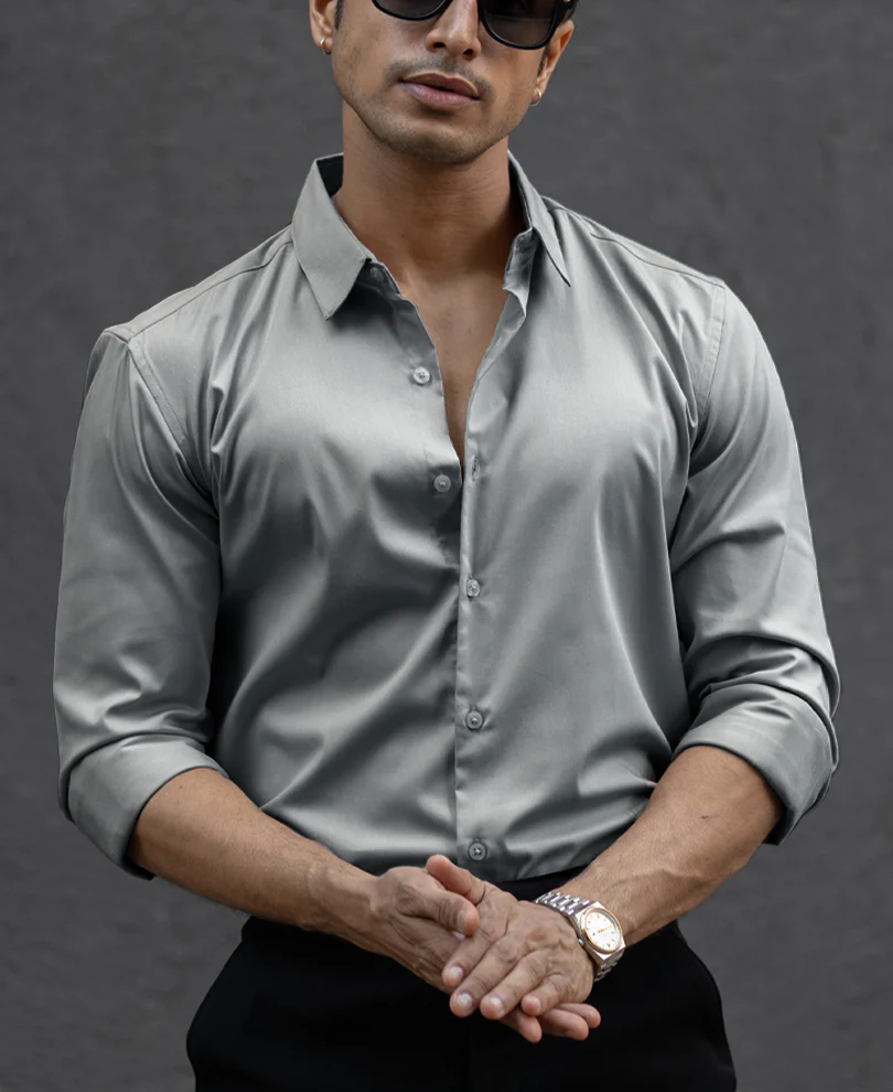 Grey Melange Stretch Shirt - Image 2