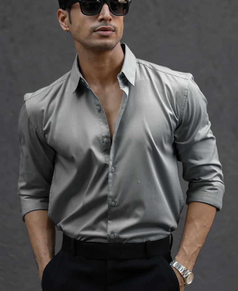 Grey Melange Stretch Shirt - Image 3
