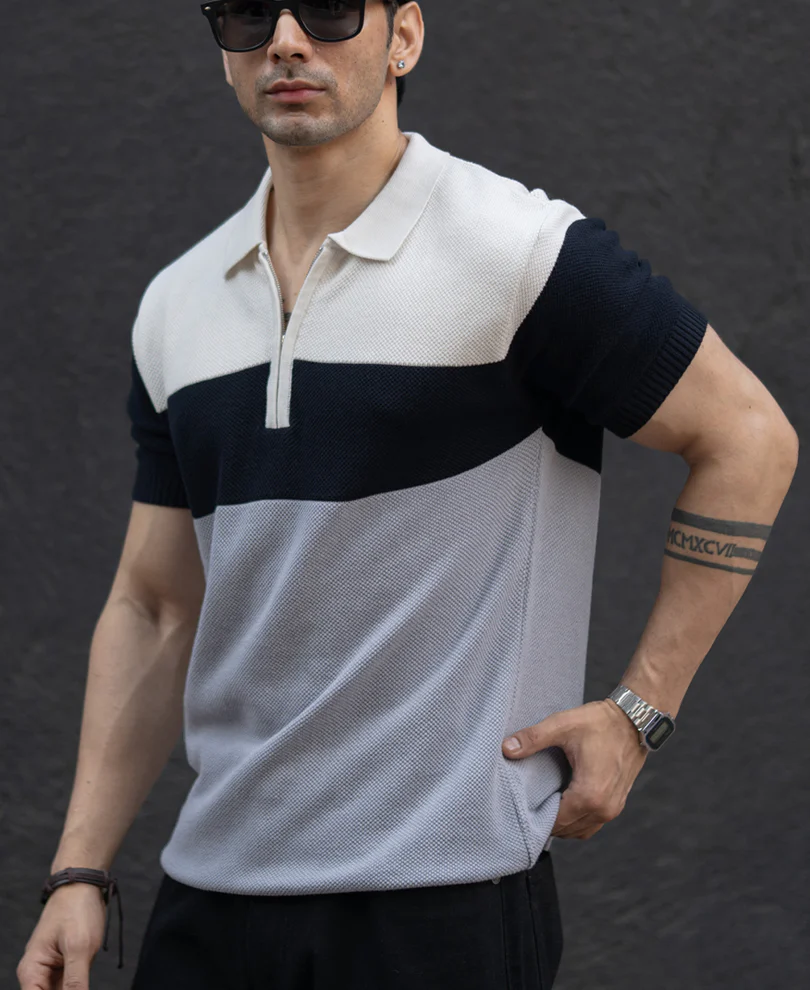Grey & Navy Knit Stripe T-Shirt 100% Cotton - Image 2