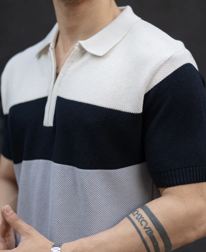 Grey & Navy Knit Stripe T-Shirt 100% Cotton - Image 4