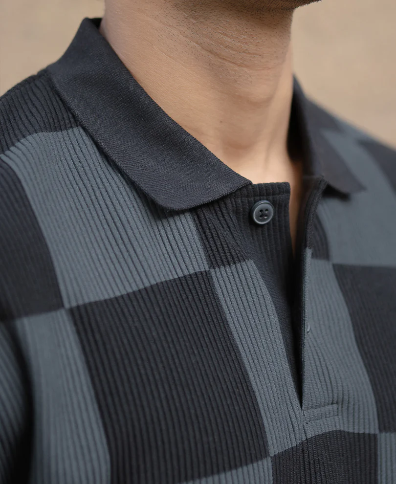 Grey Printed Checks Polo T-Shirt - Image 3
