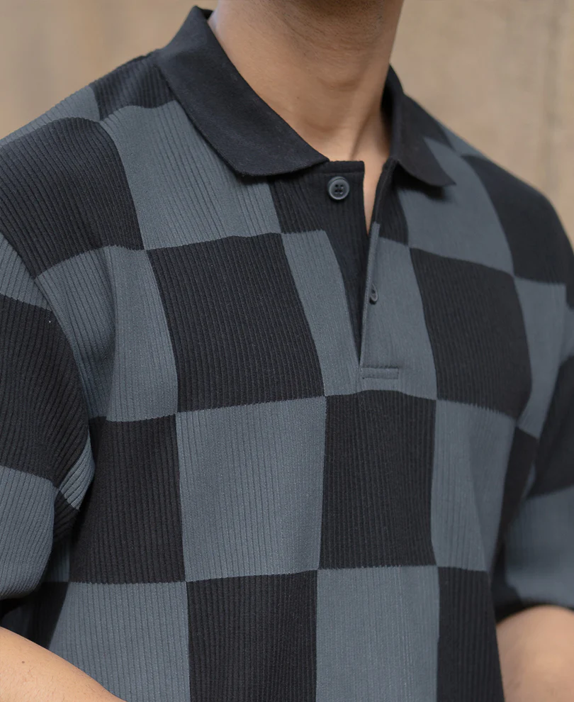 Grey Printed Checks Polo T-Shirt - Image 4