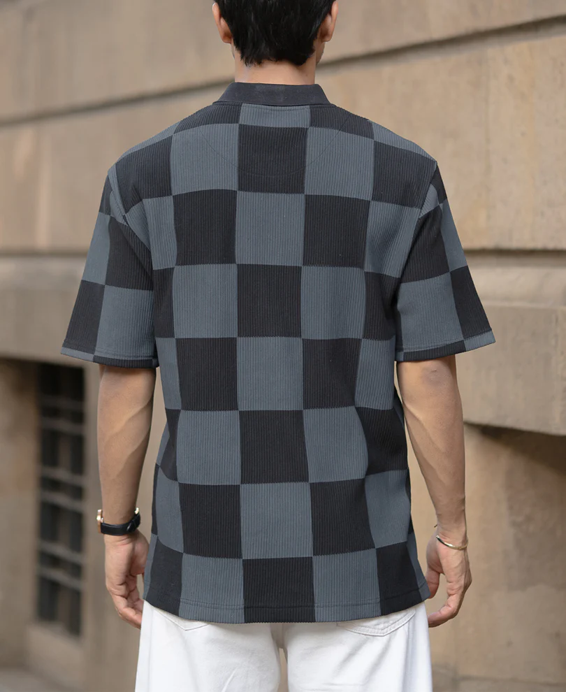 Grey Printed Checks Polo T-Shirt - Image 5