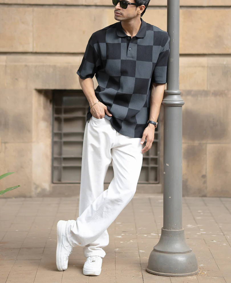 Grey Printed Checks Polo T-Shirt - Image 6