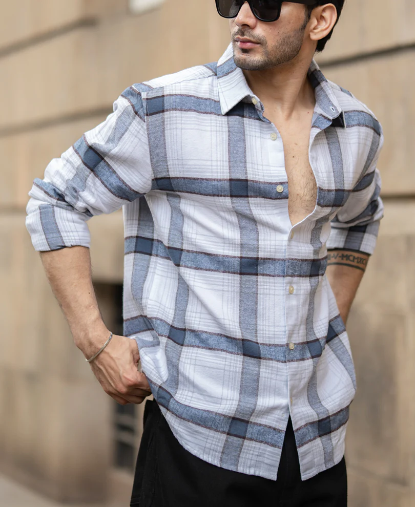 Grey Structured Checked Shirt 100% Cotton - Image 2