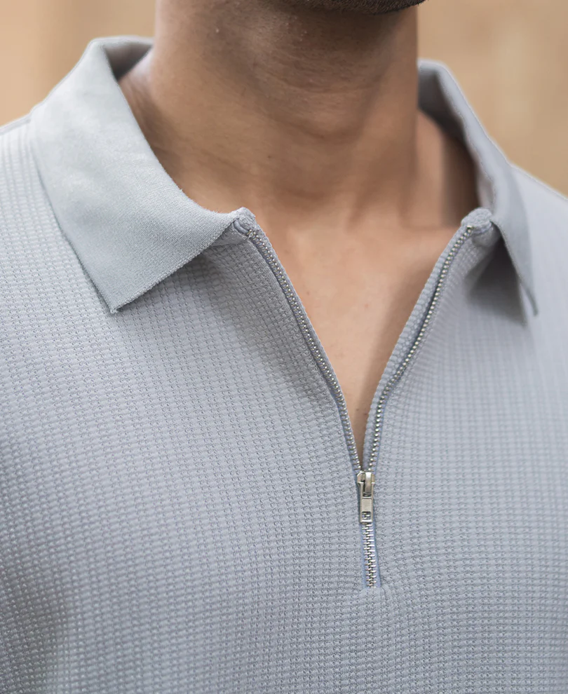 Grey Structured Regular Fit Half Sleeves Zipper T Shirt - Image 3