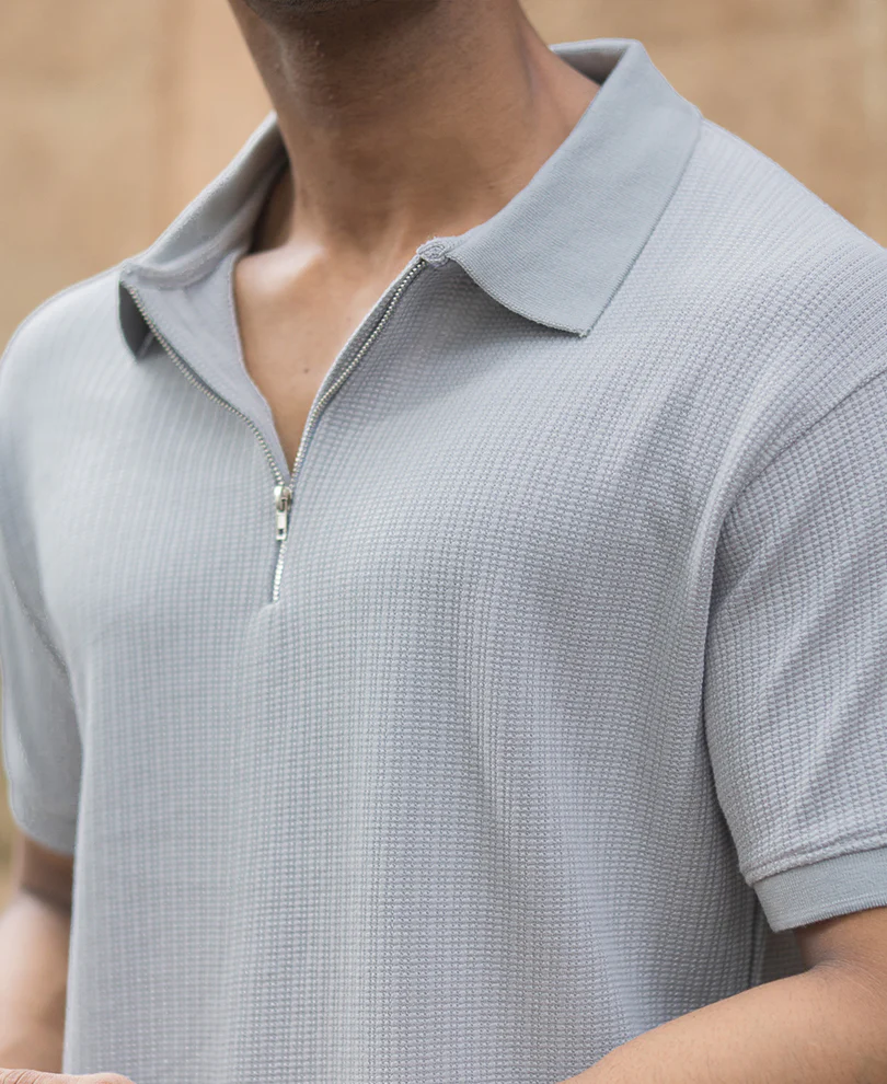 Grey Structured Regular Fit Half Sleeves Zipper T Shirt - Image 4