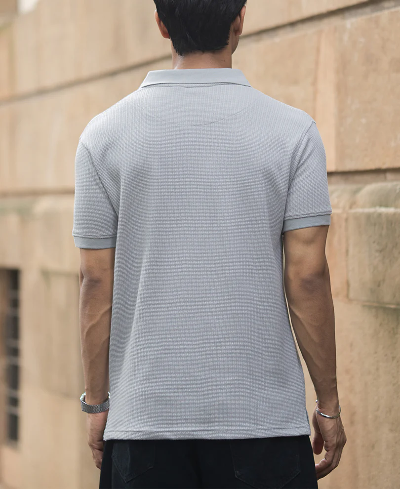 Grey Structured Regular Fit Half Sleeves Zipper T Shirt - Image 5