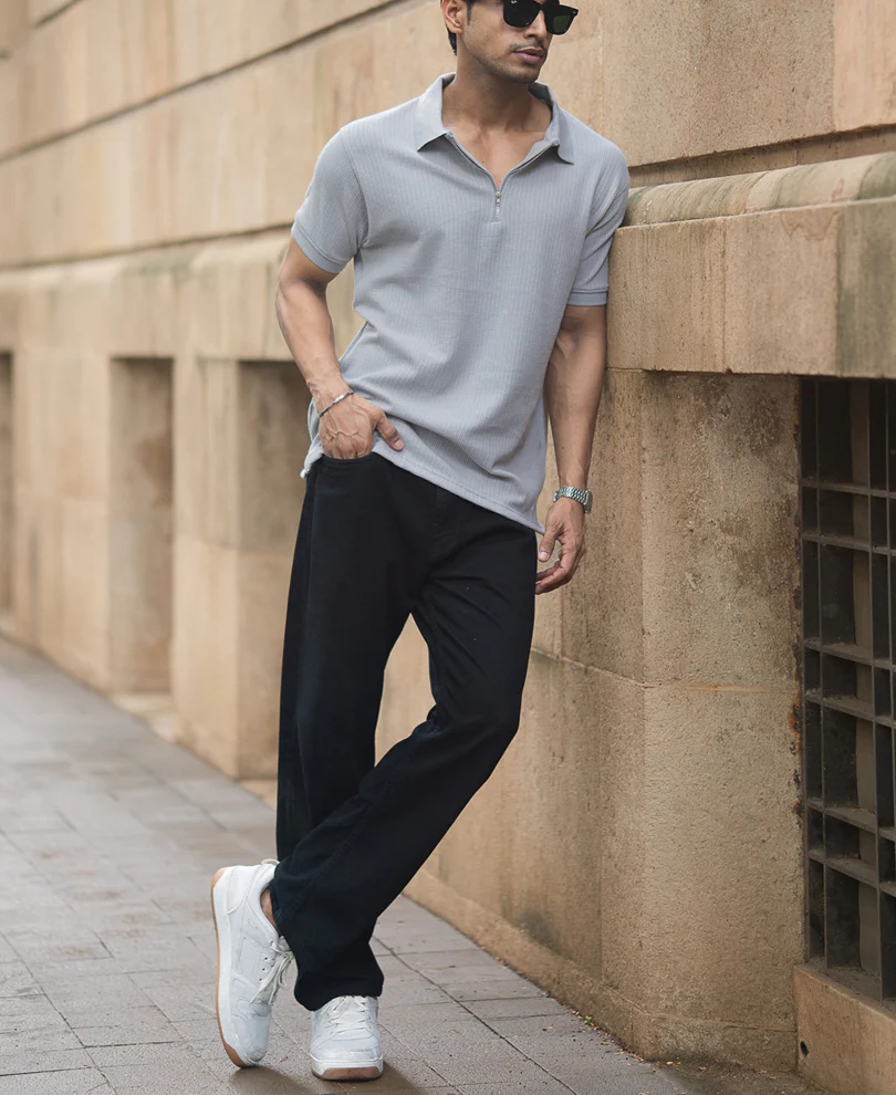 Grey Structured Regular Fit Half Sleeves Zipper T Shirt - Image 6