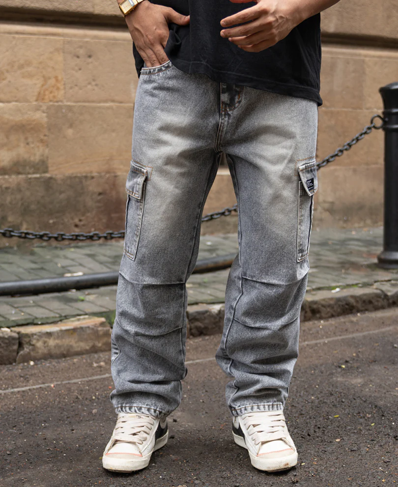 Grey Washed Baggy Cargo Jeans 100% Cotton - Image 2