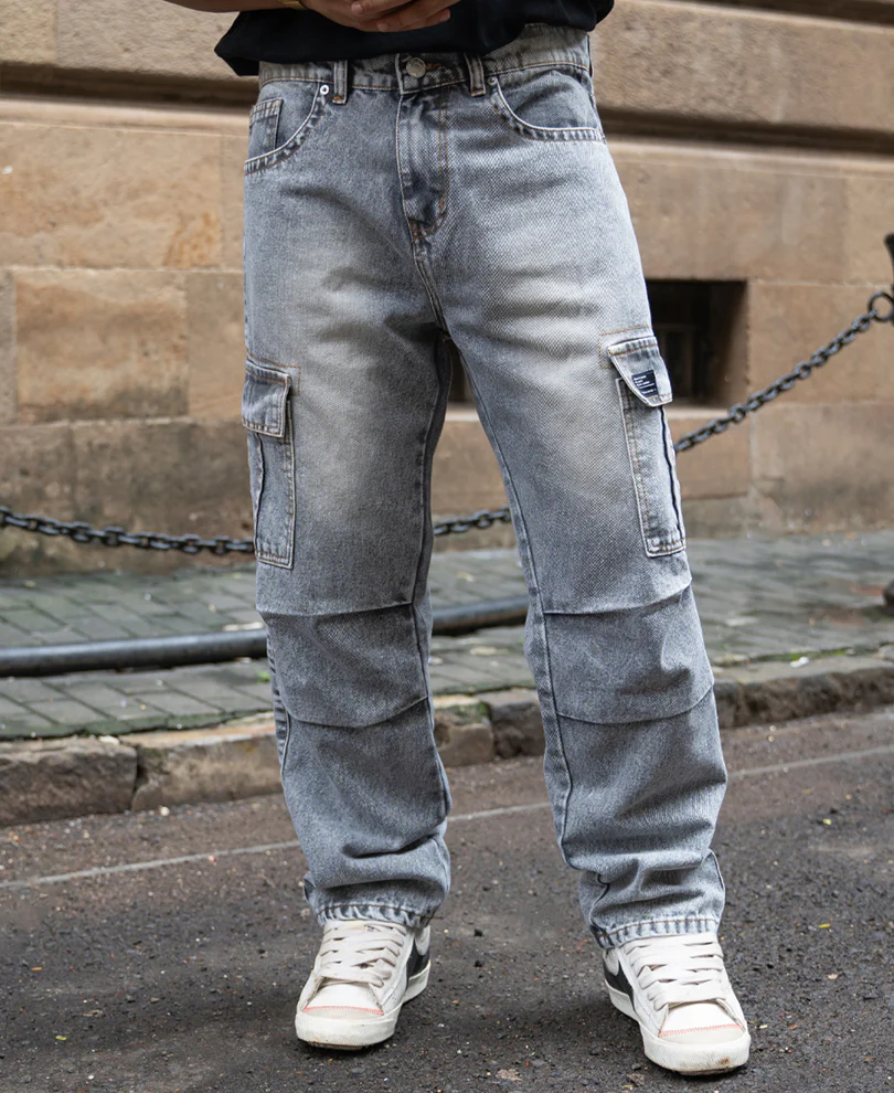 Grey Washed Baggy Cargo Jeans 100% Cotton - Image 3