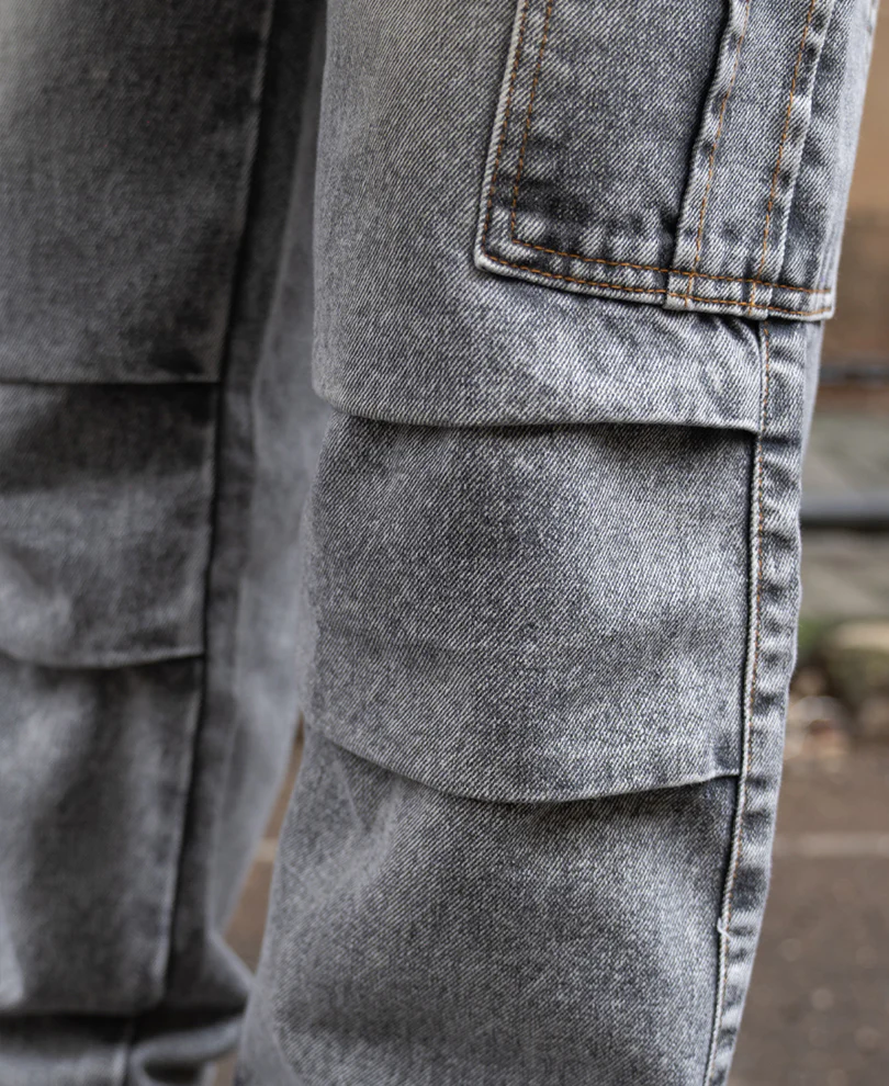 Grey Washed Baggy Cargo Jeans 100% Cotton - Image 4