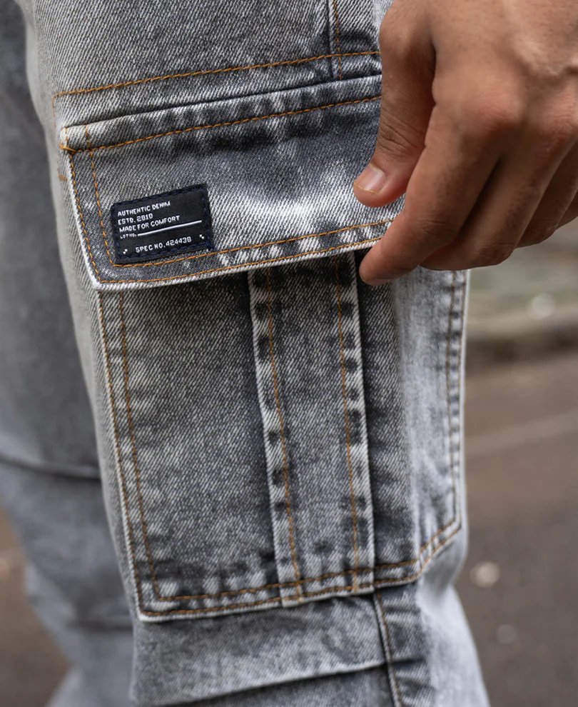 Grey Washed Baggy Cargo Jeans 100% Cotton - Image 5