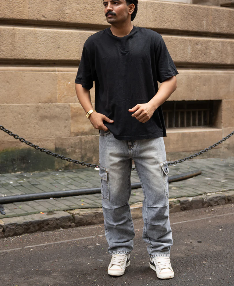 Grey Washed Baggy Cargo Jeans 100% Cotton - Image 7