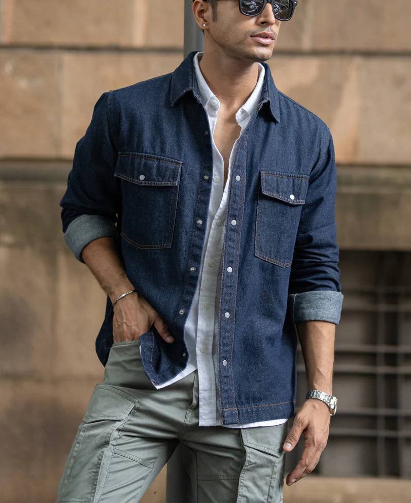 Indigo Denim Overshirt With Pockets 100% Cotton - Image 3
