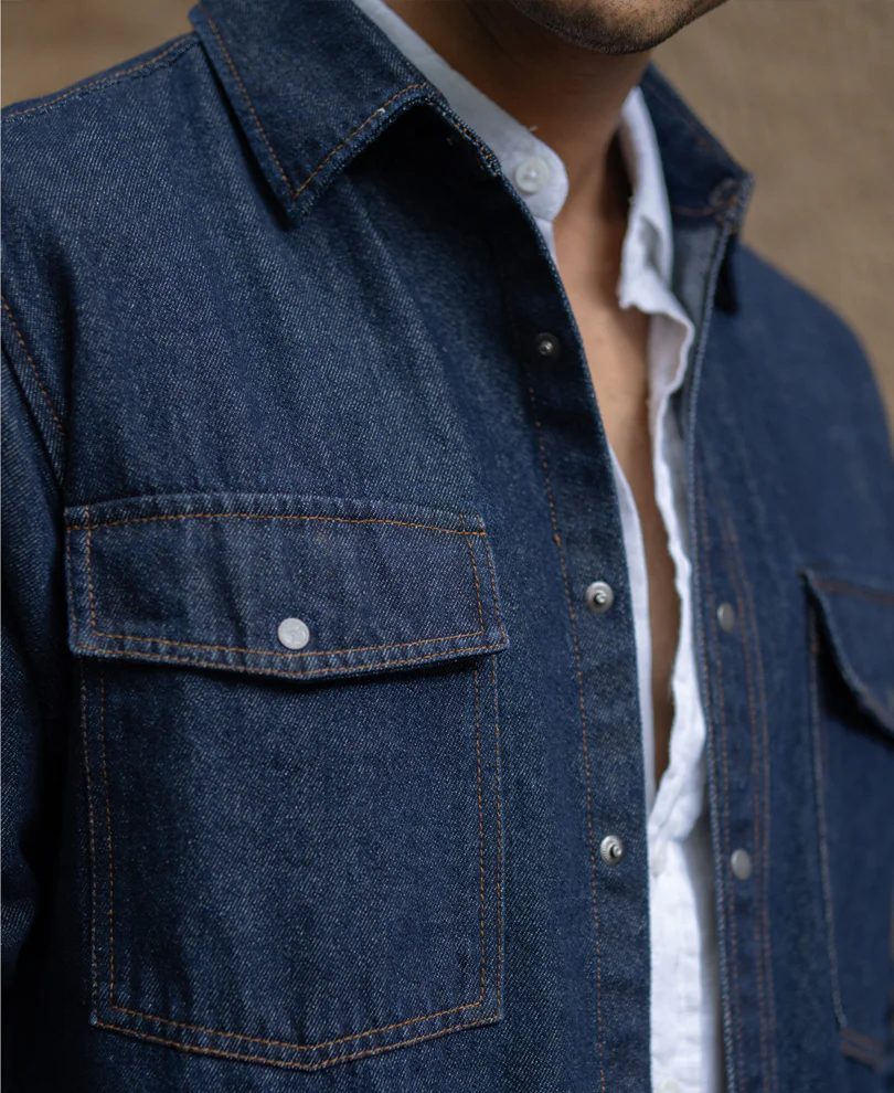 Indigo Denim Overshirt With Pockets 100% Cotton - Image 4