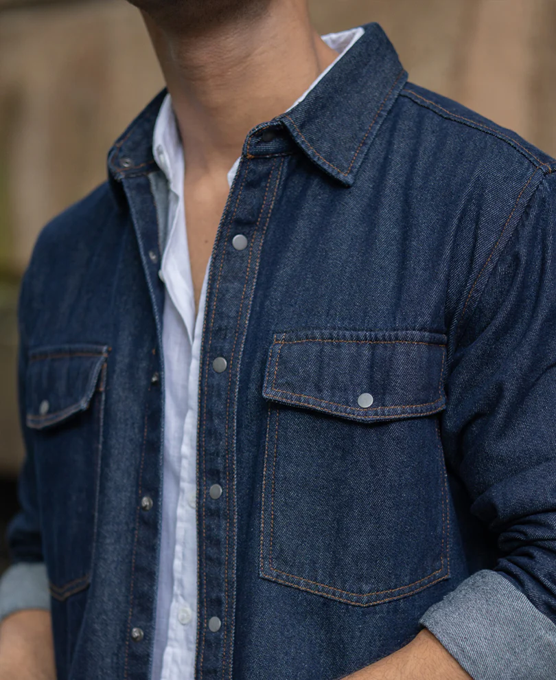 Indigo Denim Overshirt With Pockets 100% Cotton - Image 5