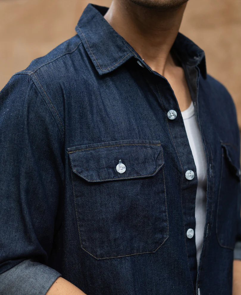 Indigo Denim Shirt With Pockets 100% Cotton - Image 3