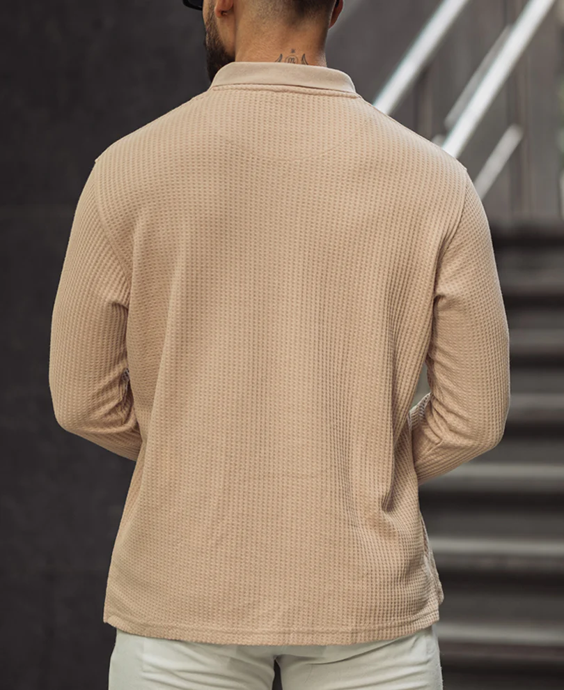 Light Fawn Waffle Design Regular Fit Full Sleeve T Shirt with Zipper - Image 3