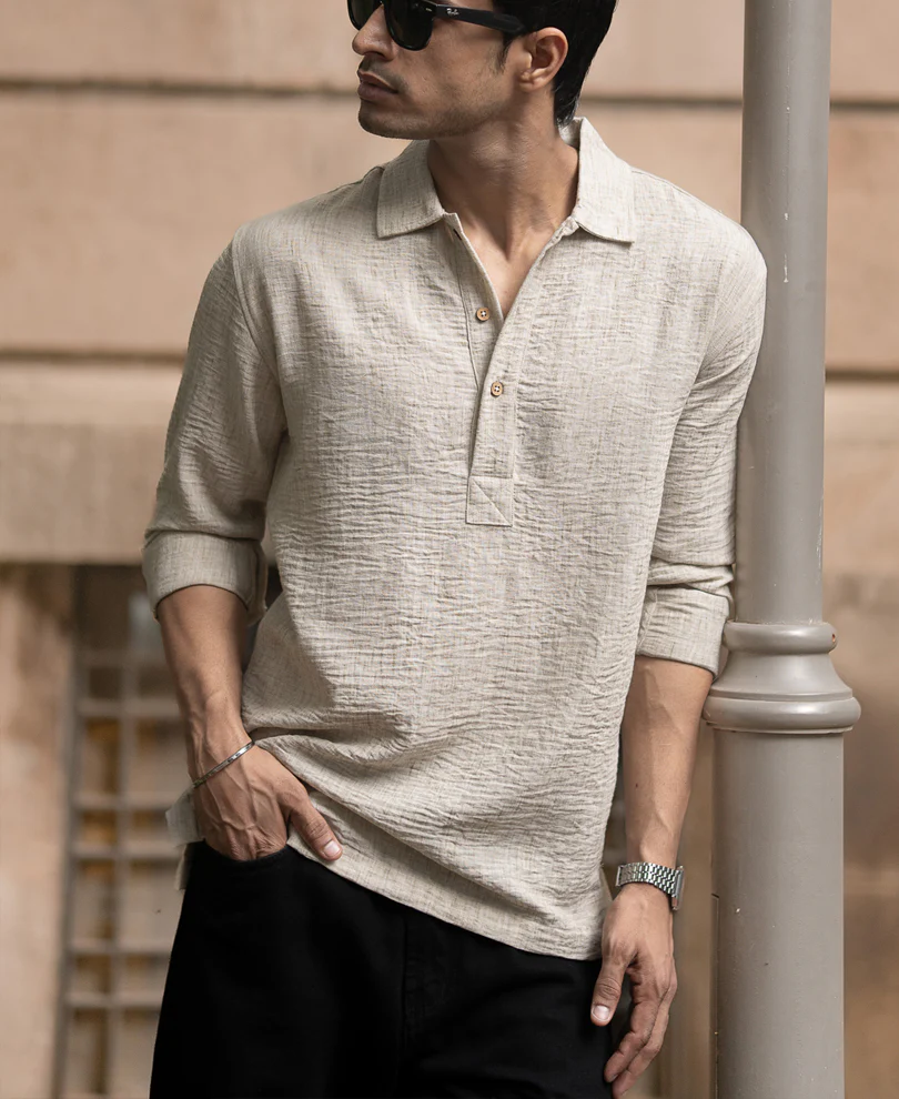 Light Beige Slub Kurta Shirt - Image 2