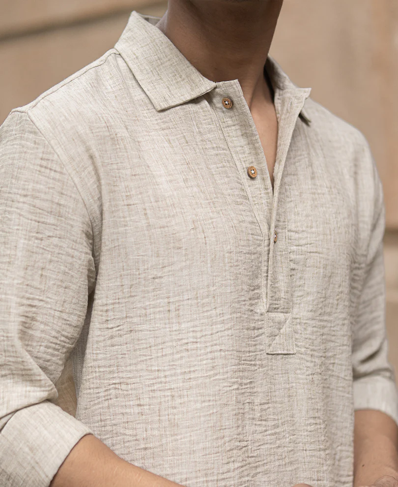 Light Beige Slub Kurta Shirt - Image 4