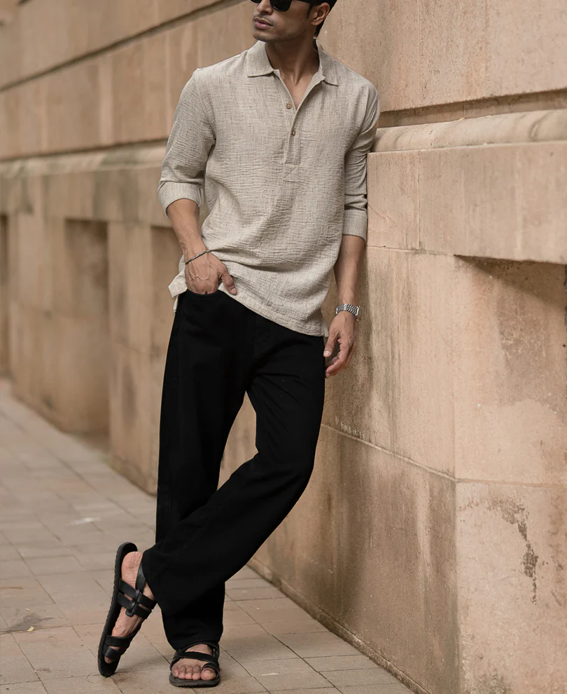 Light Beige Slub Kurta Shirt - Image 6