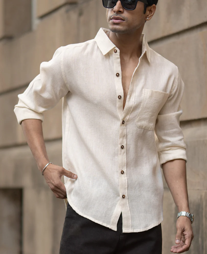 Light Beige Slub Textured Linen Shirt - Image 2