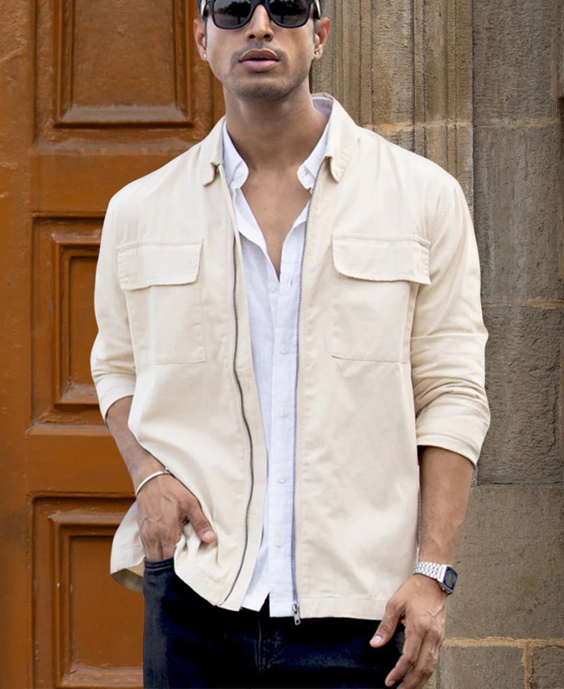 Light Beige Structured Zipper Overshirt 100% Cotton - Image 3