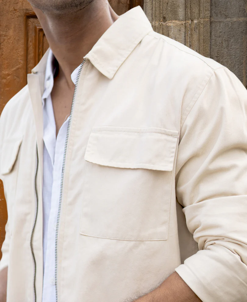 Light Beige Structured Zipper Overshirt 100% Cotton - Image 4