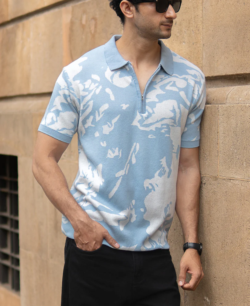 Light Blue Abstract Knit T-Shirt 100% Cotton - Image 2