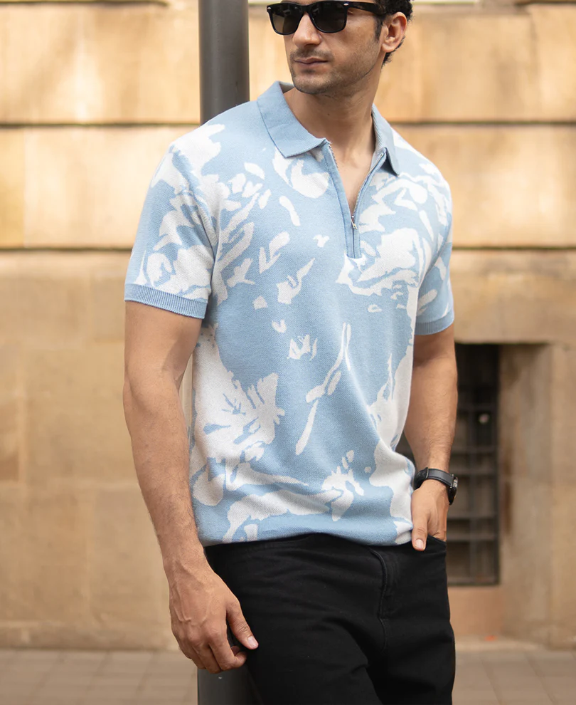 Light Blue Abstract Knit T-Shirt 100% Cotton - Image 3