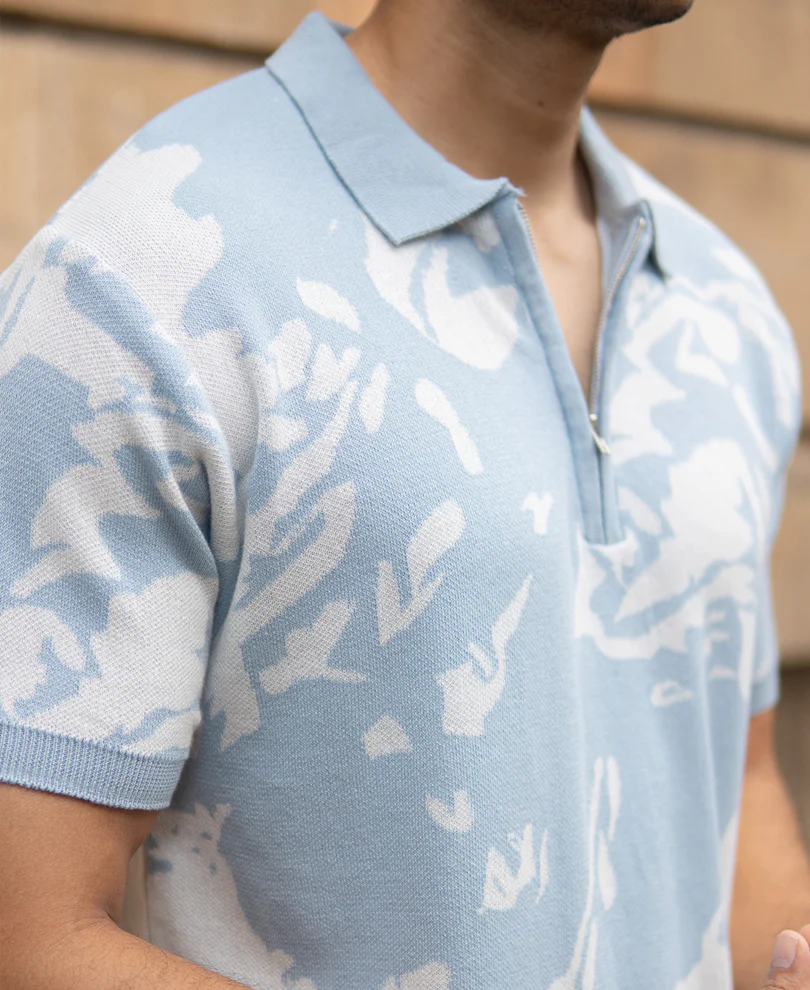 Light Blue Abstract Knit T-Shirt 100% Cotton - Image 4