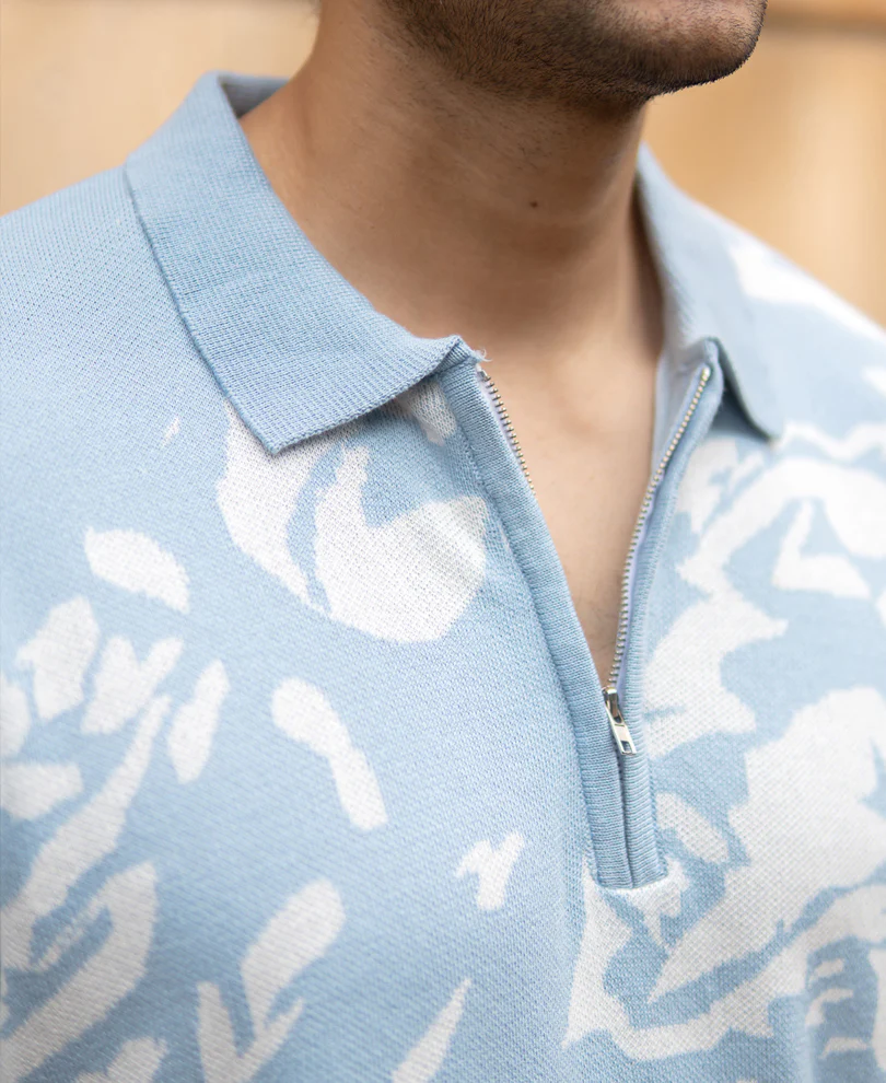 Light Blue Abstract Knit T-Shirt 100% Cotton - Image 5