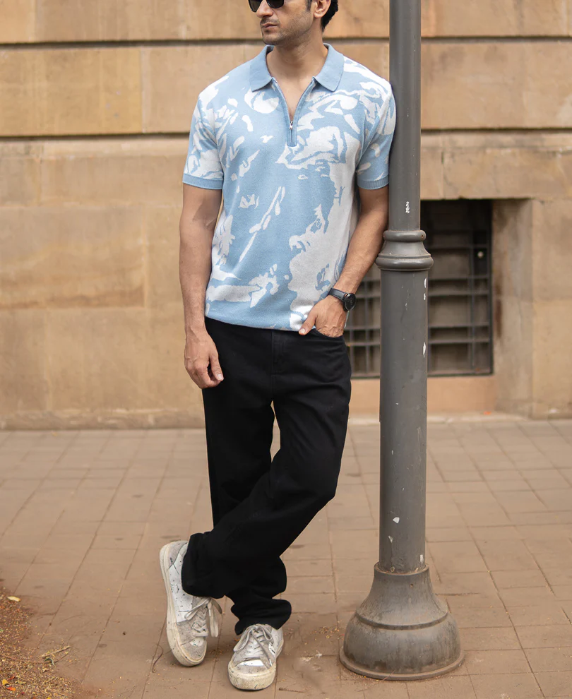 Light Blue Abstract Knit T-Shirt 100% Cotton - Image 6