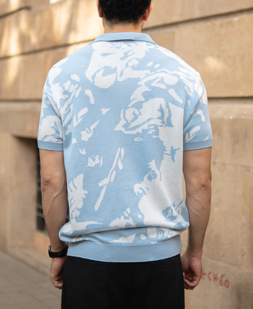 Light Blue Abstract Knit T-Shirt 100% Cotton - Image 7