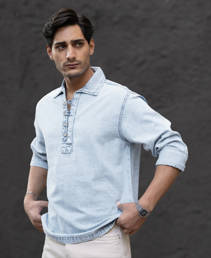 Light Blue Denim Kurta Shirt 100% Cotton - Image 2