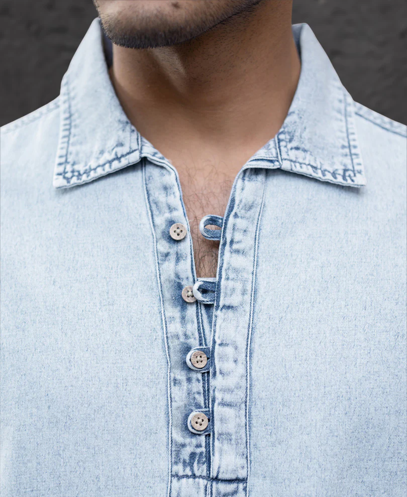 Light Blue Denim Kurta Shirt 100% Cotton - Image 3