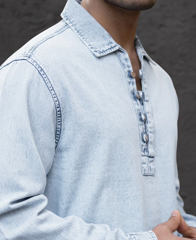 Light Blue Denim Kurta Shirt 100% Cotton - Image 4