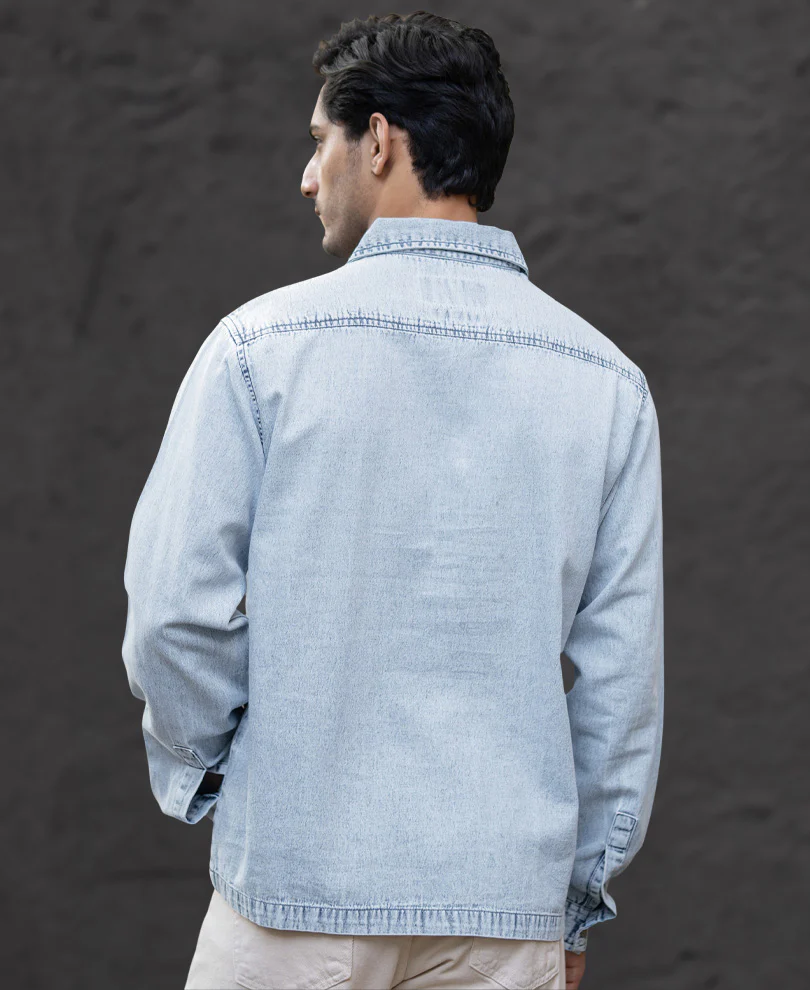 Light Blue Denim Kurta Shirt 100% Cotton - Image 5