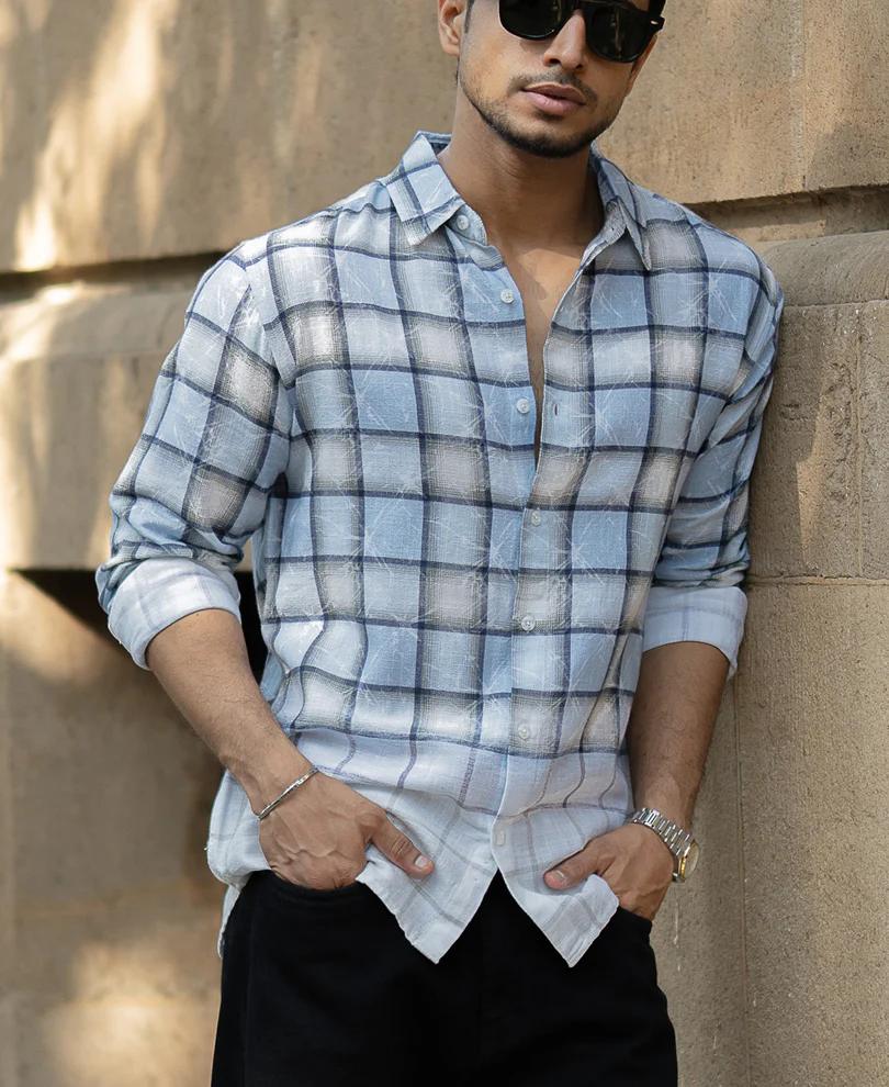 Light Blue Faded Checks Shirt 100% Cotton - Image 2