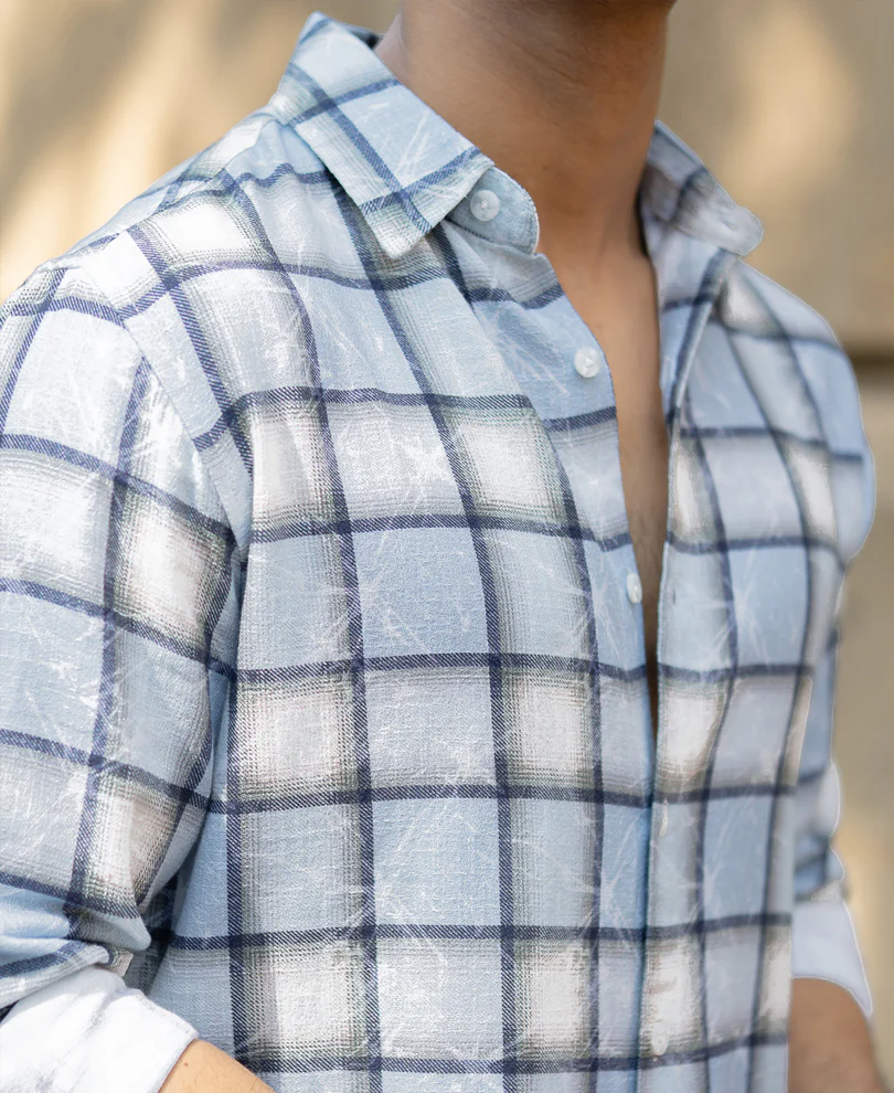 Light Blue Faded Checks Shirt 100% Cotton - Image 4