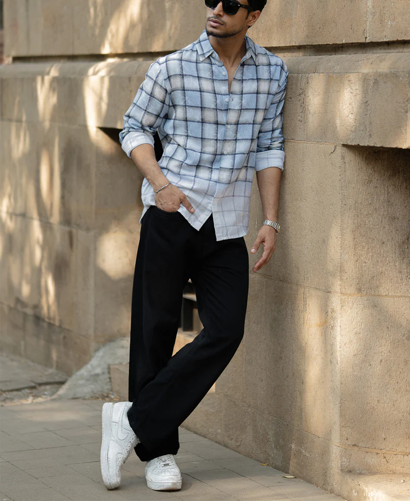 Light Blue Faded Checks Shirt 100% Cotton - Image 6
