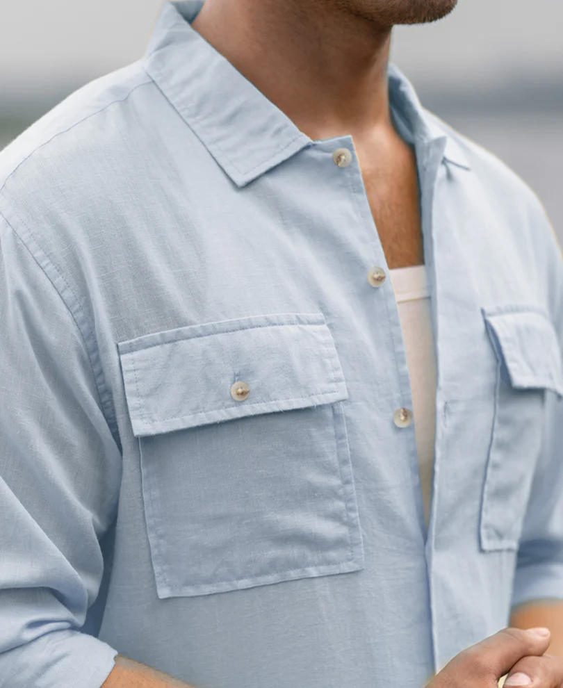 Light Blue Linen Double Pocket Shirt - Image 2