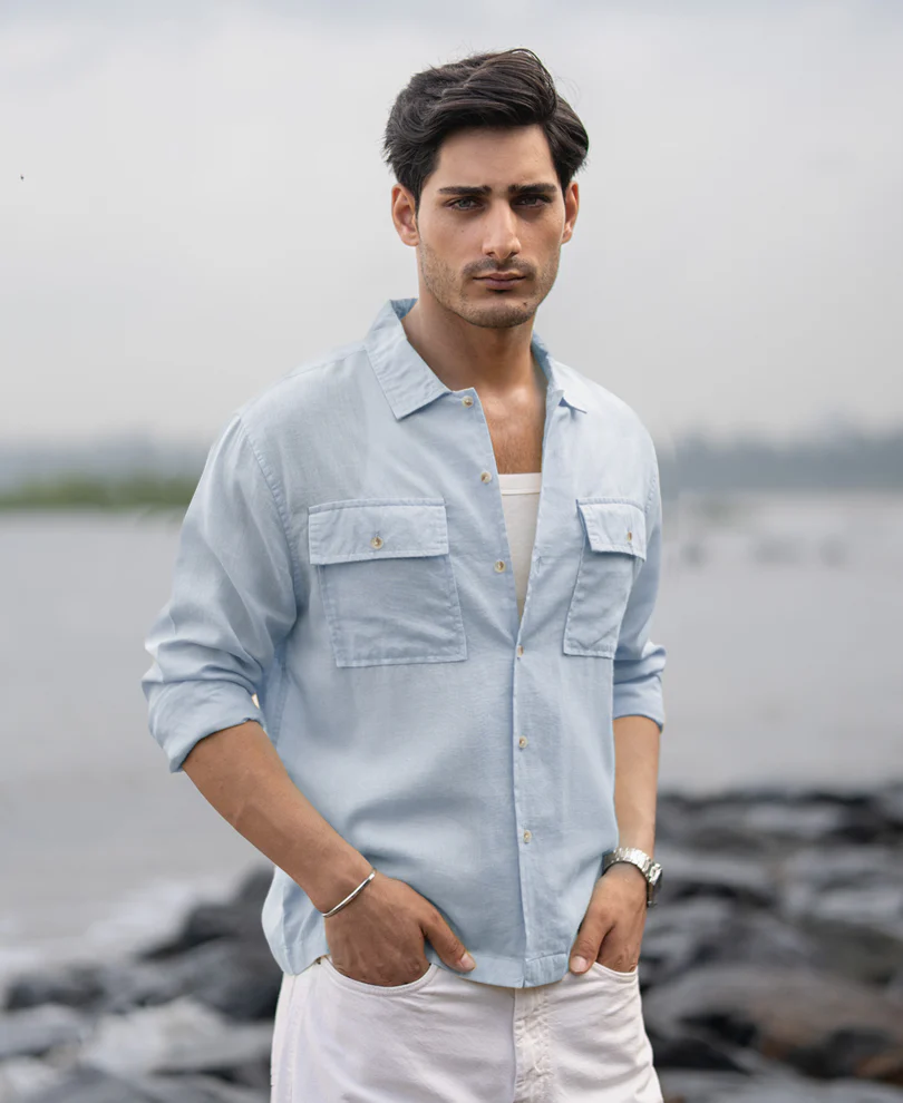 Light Blue Linen Double Pocket Shirt - Image 3
