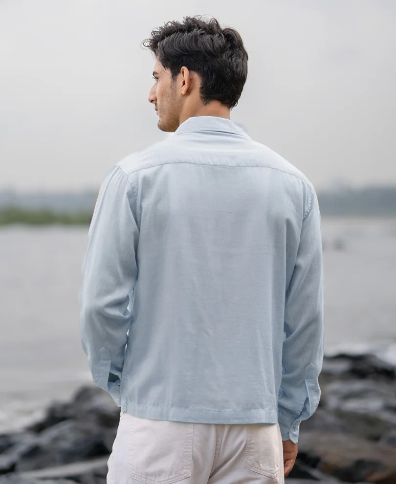 Light Blue Linen Double Pocket Shirt - Image 4